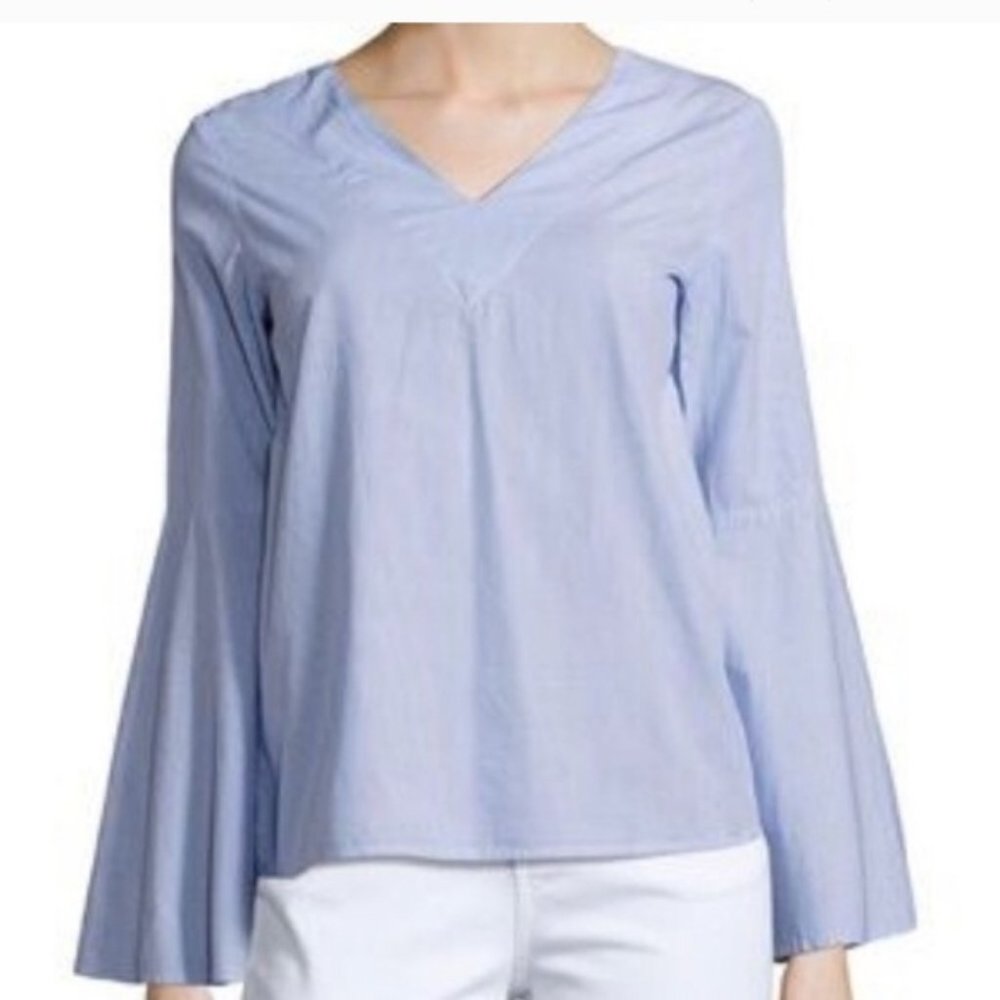 Philosophy Womens Blue White Striped V-Neck Long Sleeved Blouse Shirt T